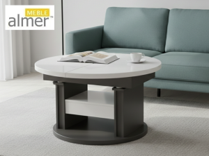 Ławostół L65 Okrągły MDF Biały Połysk Szuflada 100(+40) w.60(+15) Podnoszona Rozkładana Ława Stolik