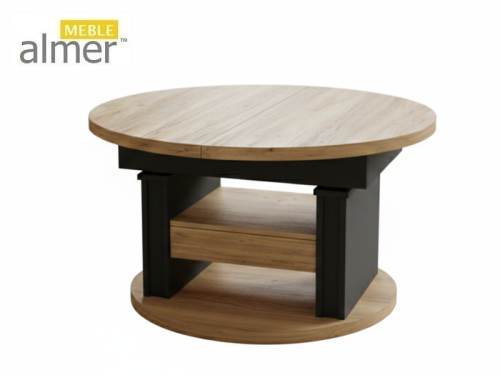 Ławostół L65 Okrągły Dąb Craft Złoty Czarny Szuflada 100(+40) w.60(+15) Podnoszona Rozkładana Ława Stolik