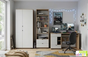 Zestaw Mebli Młodzieżowych ARETTO E - Szafa, Regał, Biurko - Dąb Craft Złoty / Kaszmir