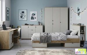 Zestaw Mebli Młodzieżowych ARETTO I - Kaszmir / Dąb Craft Złoty - Biurko, Szafa, Komoda, Łóżko
