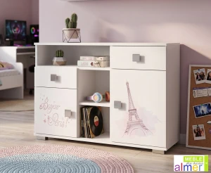 Komoda Młodzieżowa PARIS Y31 120x40x76 cm z Grafiką UV – Biel / Grafit / Róż