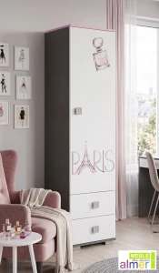 Szafa Młodzieżowa PARIS Y2 50x40x190 cm z Grafiką UV – Biel / Grafit / Róż