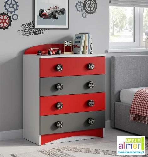 Komoda Dziecięca SUPER CAR N38 - 60x95 cm - Biała/Grafit/Czerwony - Meble dla Dzieci