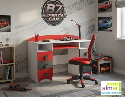 Biurko dziecięce SUPER CAR NB7 120x50 cm | Biel Grafit Czerwony