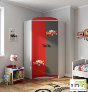 Szafa Narożna Dziecięca SUPER CAR N28 95x95 cm – Biel / Grafit / Czerwień + grafika AUTO-B