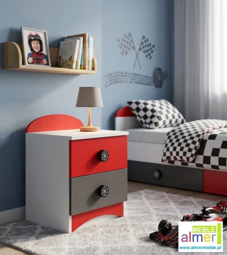 Szafka Nocna Dziecięca SUPER CAR N18 40x40 cm – Biel / Grafit / Czerwony