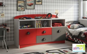 Komoda dziecięca SUPER CAR N13 120cm - Biel + Grafit + Czerwony