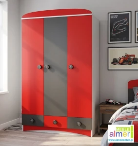 Szafa dla dziecka SUPER CAR N10 120x190 cm – Biel / Grafit / Czerwony