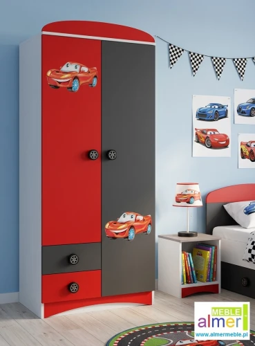 Szafa dziecięca SUPER CAR N8 80x190 cm – Biel + Grafit + Czerwony + grafika AUTO-B