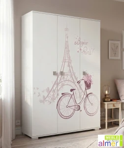 Szafa Trzydrzwiowa PARIS Y44 145x53x190 cm z Grafiką UV – Biel / Grafit / Róż