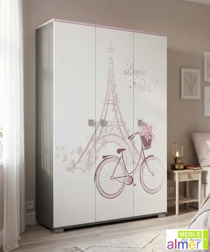 Szafa Trzydrzwiowa PARIS Y44 145x53x190 cm z Grafiką UV – Biel / Grafit / Róż