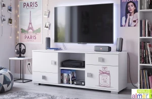 Komoda Młodzieżowa PARIS Y32 120x40x52 cm z Grafiką UV – Biel / Grafit / Róż