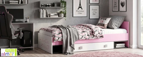 Łóżko Młodzieżowe z Szufladą PARIS Y18 204x94 cm z Grafiką UV – Biel / Grafit / Róż