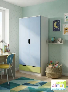 Szafa dziecięca MIŁOSZ N25 80x53 cm – Biel / Limonka / Błękit