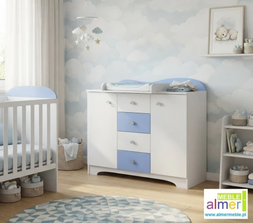 Komoda dla dziecka CLOUDS N12 120cm – Biel i Lazurowy Błękit – Chmurki