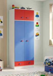 Szafa dziecięca BRICKS N25+N z nadstawką – 80x53x227 cm – Biel + Czerwony + Niebieski