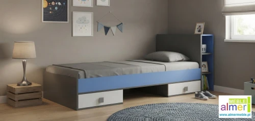 Łóżko młodzieżowe dla nastolatka BLUE Y19 z szufladami (226x94 cm) – grafit / lazurowy błękit / biel
