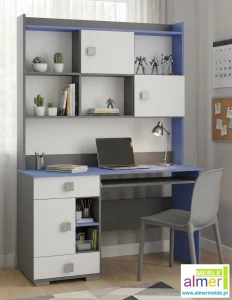 Biurko młodzieżowe z nadstawką BLUE Y15 (130x55 cm) – Grafit / Lazurowy Błękit / Biel