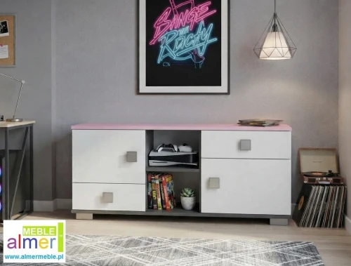 Komoda młodzieżowa PINK Y32 120x40 cm – Róż / Grafit / Biel