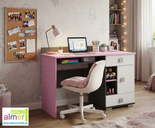 Biurko młodzieżowe PINK Y14 130x55 cm – Grafit / Róż / Biel