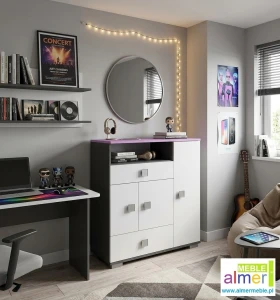 Komoda młodzieżowa PINK Y5 90x40x100 cm – Grafit / Róż / Biel