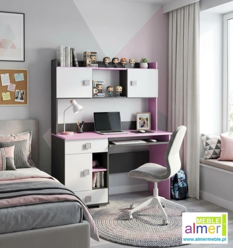 Biurko młodzieżowe z nadstawką PINK Y34 130x55x160 cm – Grafit / Róż / Biel