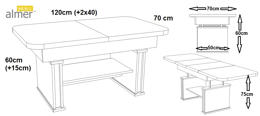 Nowoczesny Ławostół L15 Dąb Artisan 120-200 cm | Ława i Stół 2w1 z Półką